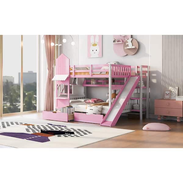 Pink Full-Over-Full Castle Style Bunk Bed with 2-Drawers 3 Shelves and Slide