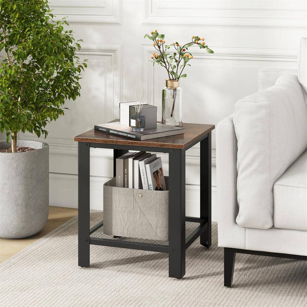 Industrial Black Metal and Wood 2-Tier End Table