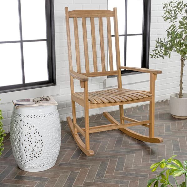 JONATHAN Y Seagrove Farmhouse Classic Slat-Back 350 lbs. Support Acacia Wood Outdoor Rocking Chair, Teak Brown