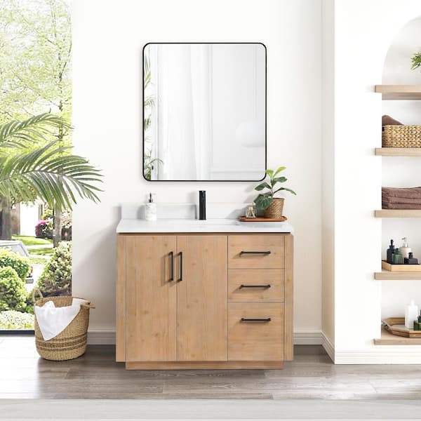 ROSWELL San 42 in.W x 22 in.D x 33.8 in.H Single Sink Bath Vanity in Fir Wood Brown with White Composite Stone Top and Mirror