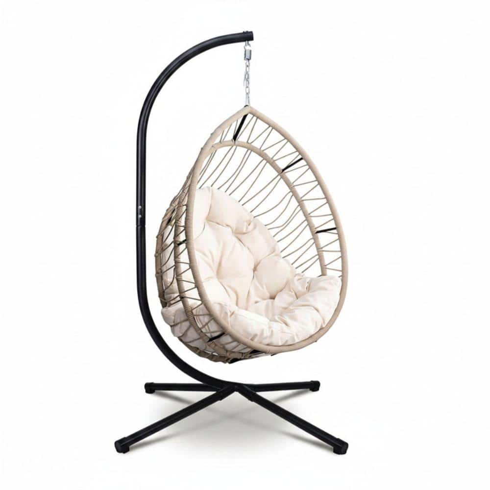 Outdoor Wicker Egg Chair with Stand, Folding Patio Swing Hammock, Beige