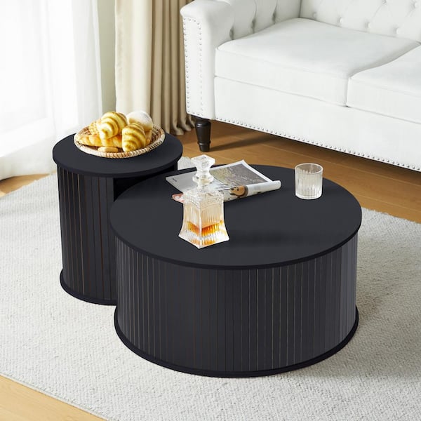 ATHMILE Black 29.13 in. W Round Wood Storage Coffee Table Set
