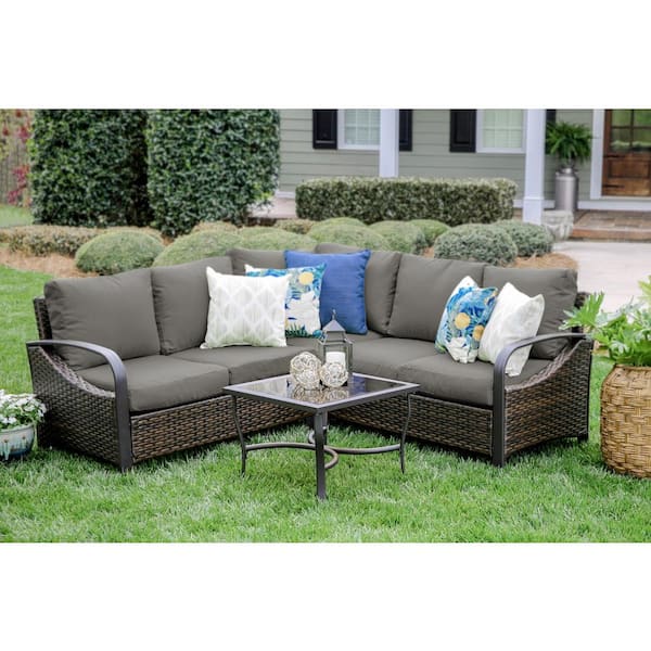 Leisure Made Trenton 4-Piece Wicker Sectional Seating Set with Gray Polyester Cushions
