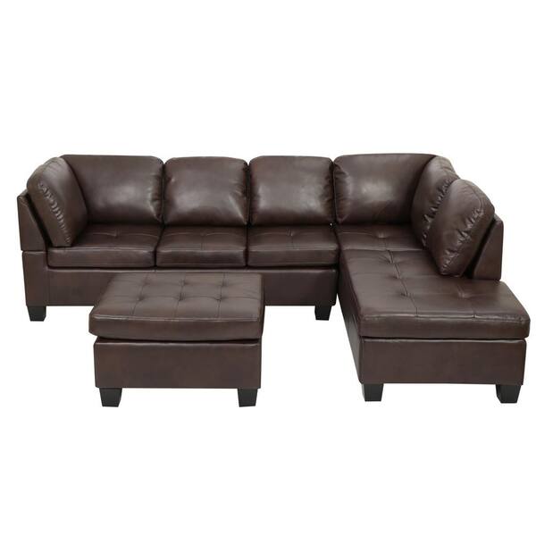 Noble House 3-Piece Brown PU Leather 4-Seater L-Shaped Sectional Sofa with Ottoman