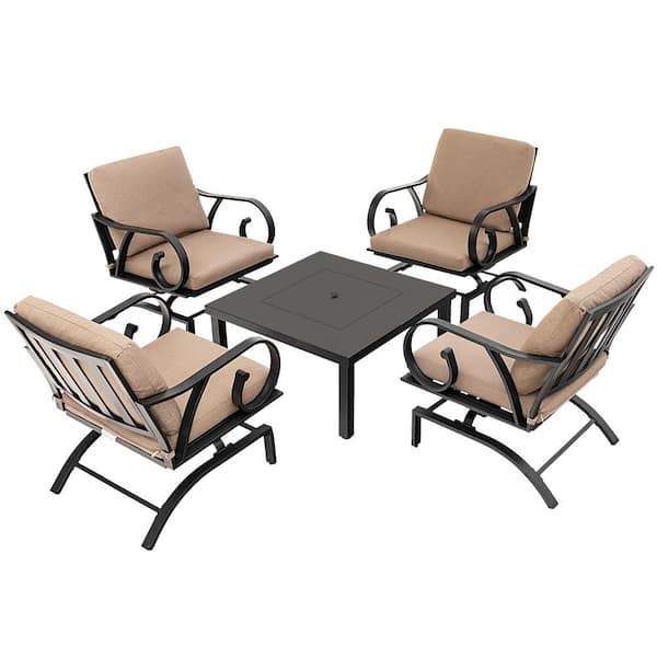ANGELES HOME 5-Piece Metal Patio Conversation Set, Rocking Chairs, 4-in-1 Fire Pit Table with Fire Poker, Brown