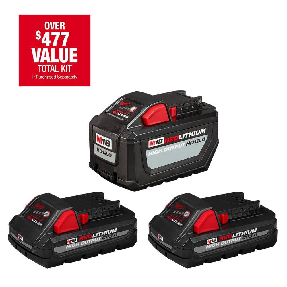 Milwaukee M18 18-Volt Lithium-Ion High Output 12.0Ah Battery with Two 3.0Ah  Batteries (3-Pack) 48-11-1812P3 The Home Depot