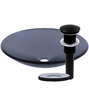 Coetaneo 18 in. Shallow Round Vessel Bathroom Sink in Slate Gray Clear Glass with Drain in Matte Black