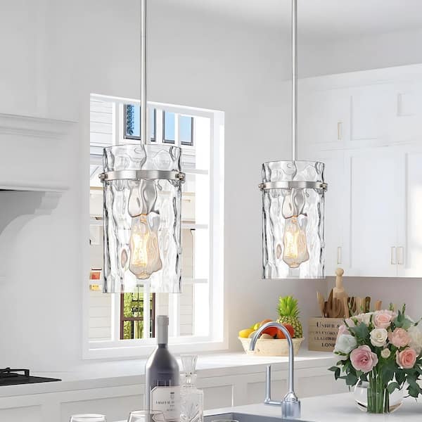  1-Light Brushed Nickel Modern Pendant Light with Cylinder Glass Shade-No Bulbs Included (2-Pack)