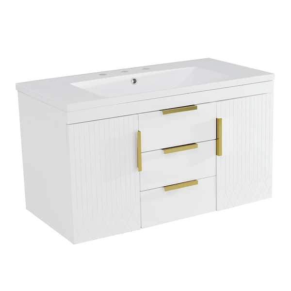 36 in. Wall Mounted White Bath Vanity with White Resin Sink Top, Floating Storage Cabinet with 2-Drawers, 2-Doors
