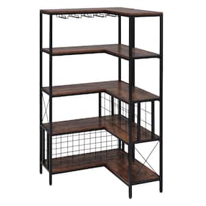 5-Shelf L-Shaped Walnut Black Wooden Metal Freestanding Corner Wine Rack Cabinet with Wine Glass Holder