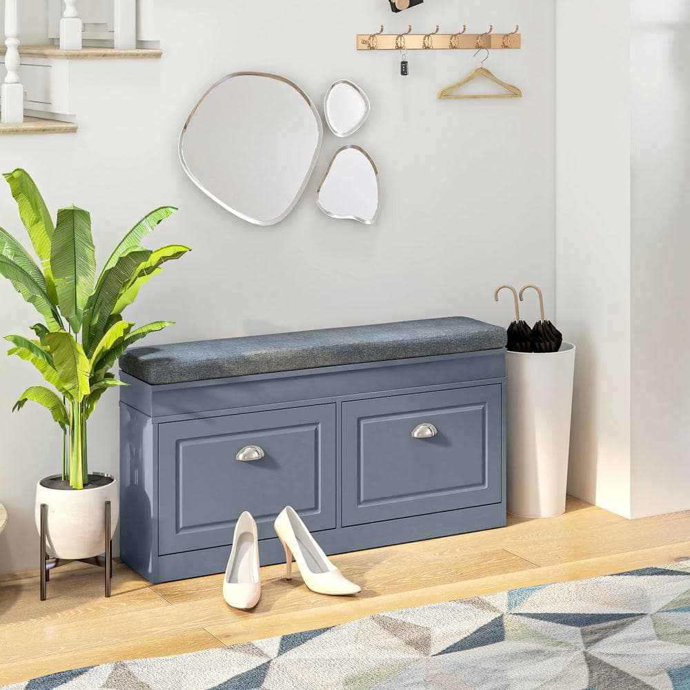 Gray Modern Shoe Rack Bench with Cushion and Storage Drawers