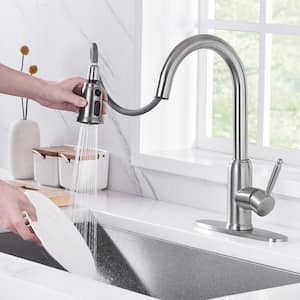 3-Spray Patterns Single Handle Pull Down Sprayer Kitchen Faucet with Deck Plate in Stainless Steel Brushed Nickel