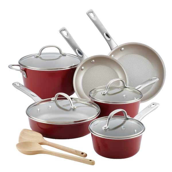 Ayesha Curry Home Collection 12-Piece Porcelain Enamel Nonstick Cookware Set, Sienna Red