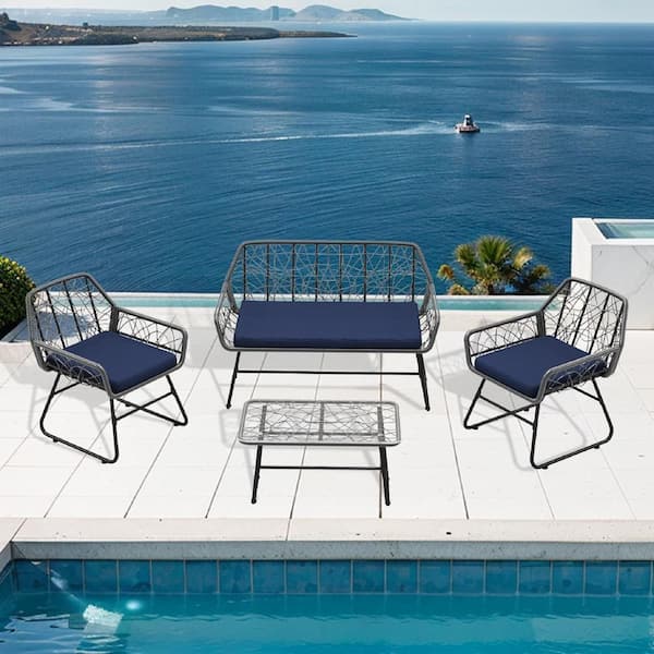 cenadinz Black 4-Piece Wicker Patio Conversation Set with Blue Cushion with Tempered Glass Table