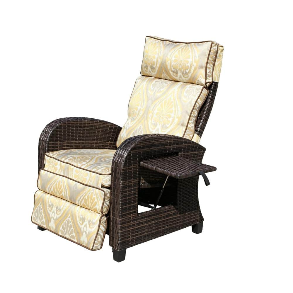 Outdoor Wicker Recliner Chair Lounge Chair with Yellow Cushions, Hidden Tray, Adjustable Backrest and Armrests