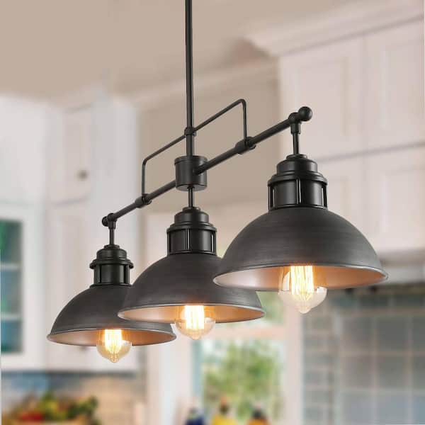 LNC Industrial Black Island Chandelier Farmhouse Barn Pendant Light 3-Light Linear Pendant Light with Brushed Silver Shades
