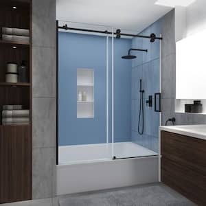 Langham XL 56 - 60 in. W x 70 in. H Frameless Sliding Tub Door in Matte Black with Star Cast Clear Glass, Right Opening
