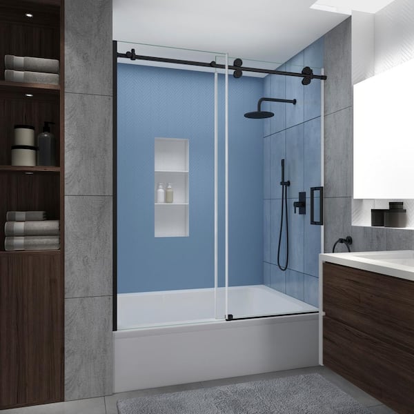 Aston Langham XL 56 - 60 in. W x 70 in. H Frameless Sliding Tub Door in Matte Black with Star Cast Clear Glass, Right Opening
