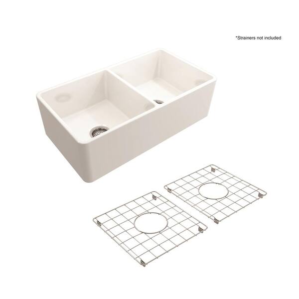 Glacier Bay Farmhouse Apron-Front Fireclay 33 in. Double Bowl Kitchen Sink in White with Bottom Grid