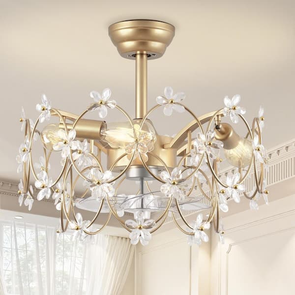 21 in. Indoor Golden Ceiling Fan with Light, Ceiling Fans with Light and Remote, Acrylic Flower Fandelier for Bedroom