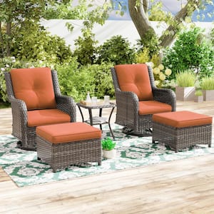 5-Piece Wicker Patio Outdoor Conversation Rocking Chair Set with Orange Cushions