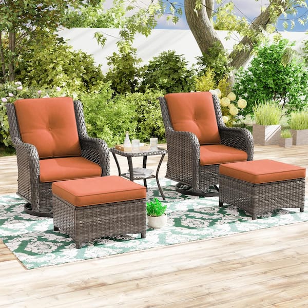 JOYSIDE 5-Piece Wicker Patio Outdoor Conversation Rocking Chair Set with Orange Cushions