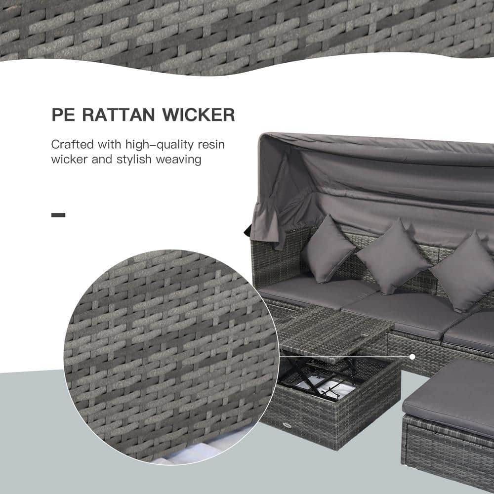 Gray Steel 4-Piece Outdoor Rattan Sofa Set with Adjustable Canopy