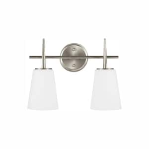Driscoll 15.5 in. 2-Light Contemporary Modern Brushed Nickel Wall Bathroom Vanity Light with White Glass and LED Bulbs