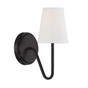 Meridian 4.75 in. W x 11.25 in. H 1-Light Oil Rubbed Bronze Wall Sconce with White Fabric Shade