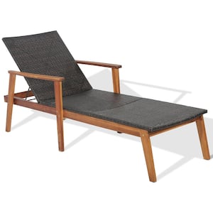 Adjustable Patio Rattan Lounge Chair Recliner Outdoor Chaise Acacia Wood Frame