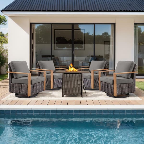 FanKan Brown 5-Piece Wicker Outdoor Glider Chair Patio Deep Seating with Rectangular Fire Table and Gray Cushions