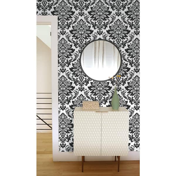 Black And White Damask Vinyl Peel & Stick Wallpaper Roll (Covers 30.75 Sq. Ft.)