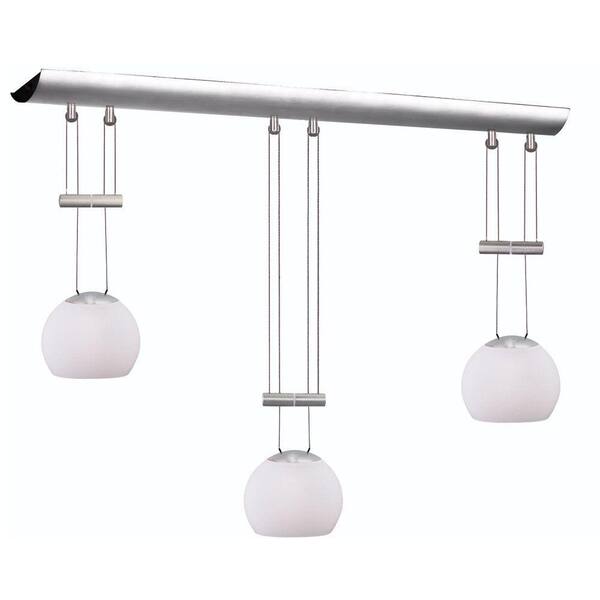 Radionic Hi Tech Industrial Chic 3-Light Satin Chrome Horizontal Adjustable Height Pendant with White Oval Shaped Glass