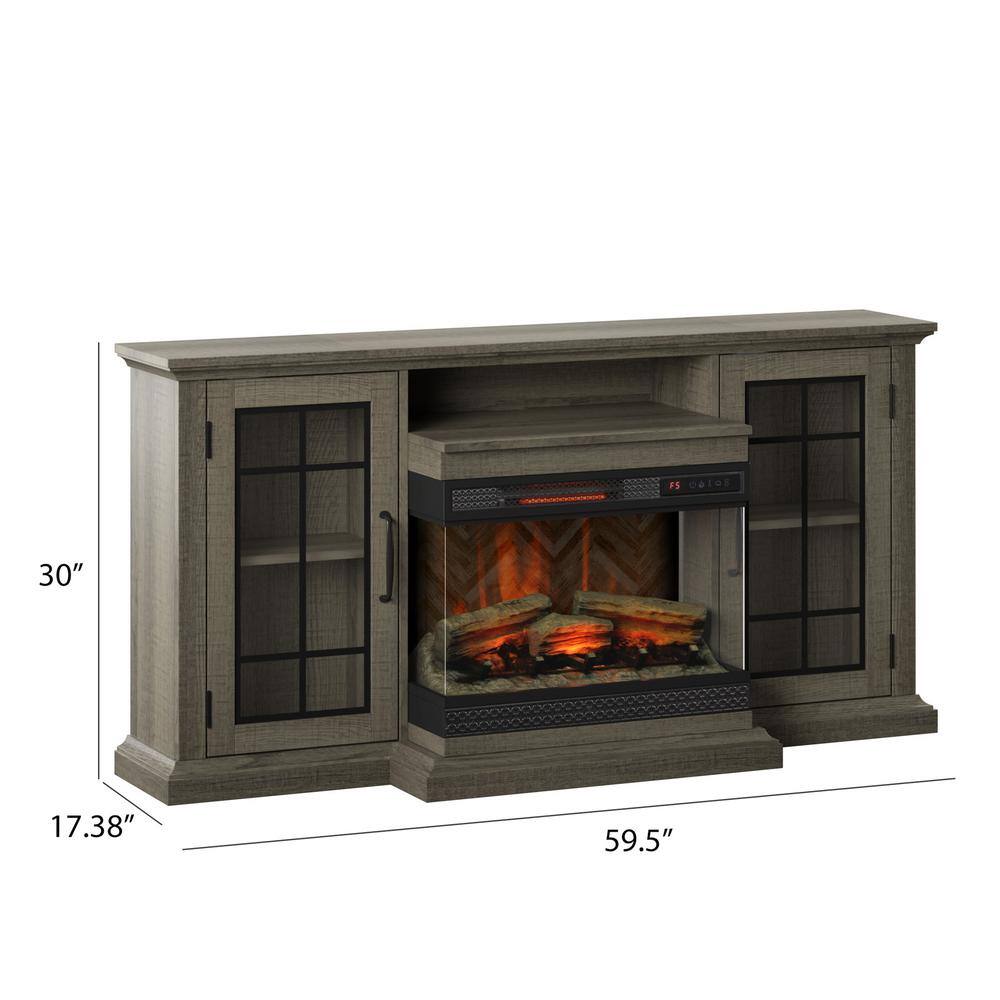 Saw Cut Oak TV Stand with Panorama Electric Fireplace and Glass Cabinets
