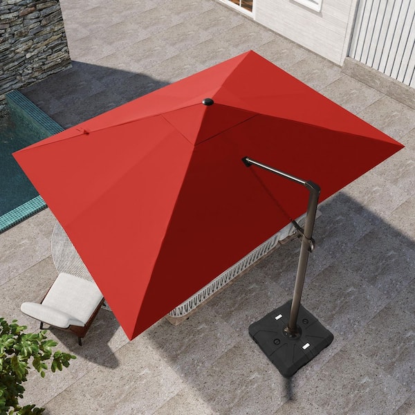 Pellebant 12.5 ft. x 10 ft. Aluminum 360° Rotation Cantilever Offset Tilt Patio Umbrella in Red, Base Stand with Wheels Included