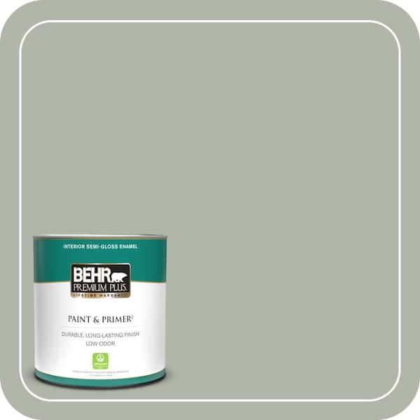 BEHR PREMIUM PLUS 1 qt. #ICC-56 Green Tea Semi-Gloss Enamel Low Odor Interior Paint & Primer