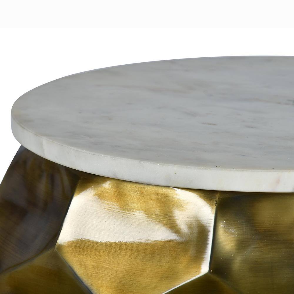Brass and White Marble Round End Table with Textured Base