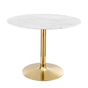 Verne 40 in. Artificial Marble Dining Table White Wood Top with Gold Metal Base
