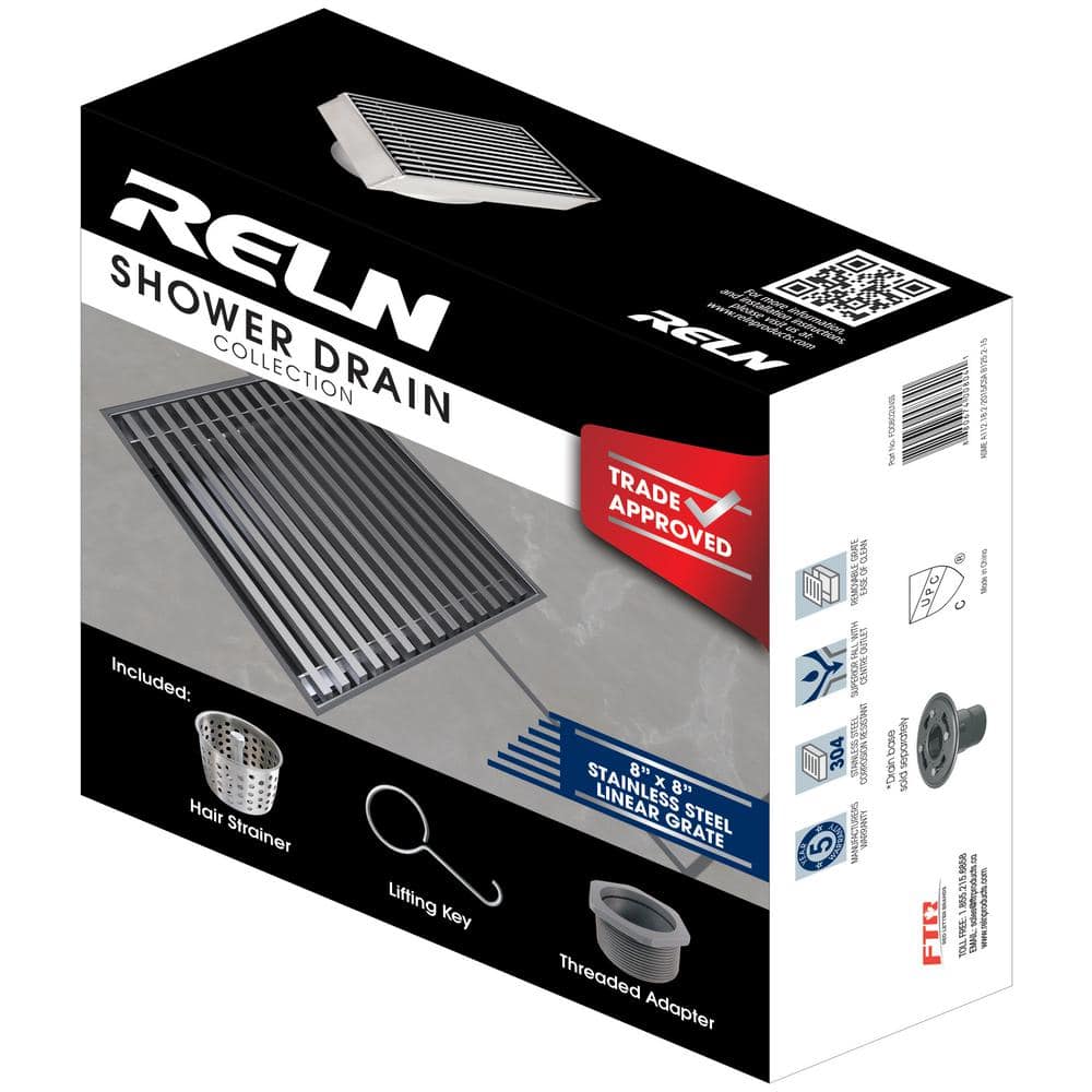 8'' Square Stainless Steel Shower Drain with Linear Grate