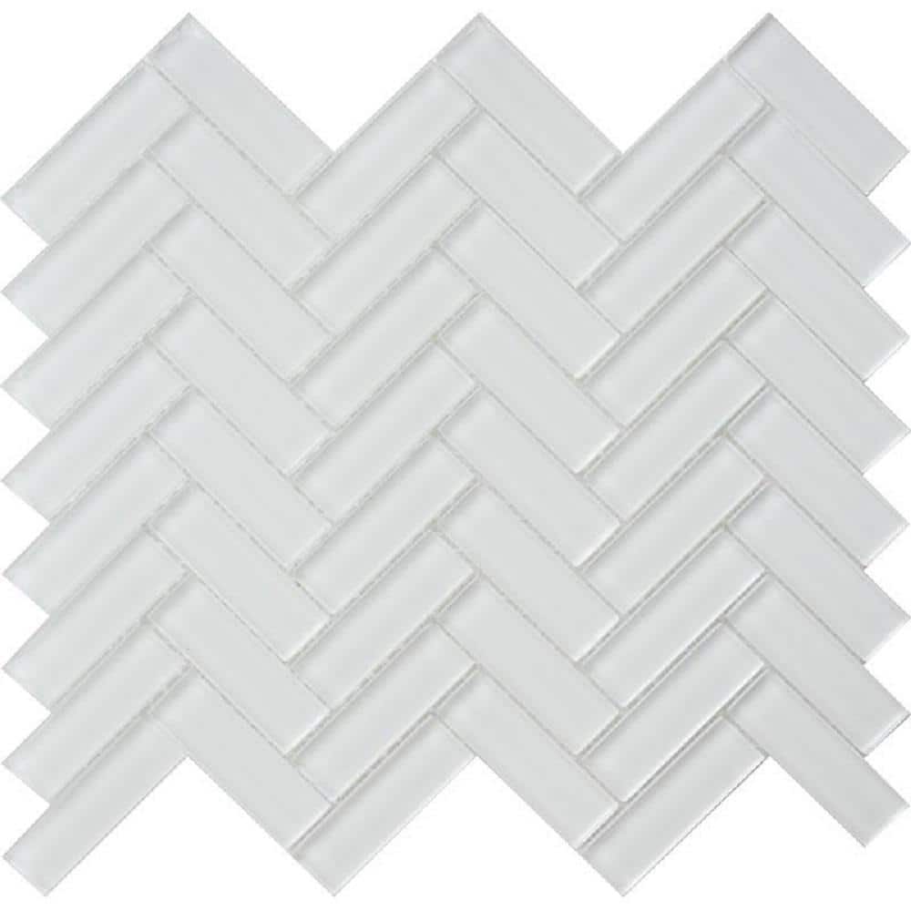 Ice White Herringbone Polished Glass Mosaic Tile 11" x 12.6"