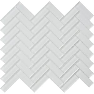 Ice White 11 in. x 12.6 in. Herringbone Polished Glass Mosaic Tile (4.81 sq. ft./Case)