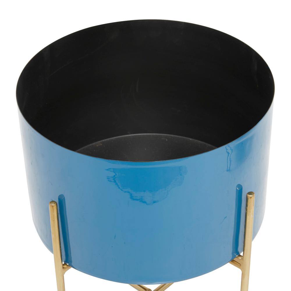 Modern Blue and Gold Metal Round Planters with Stand, Set of 2