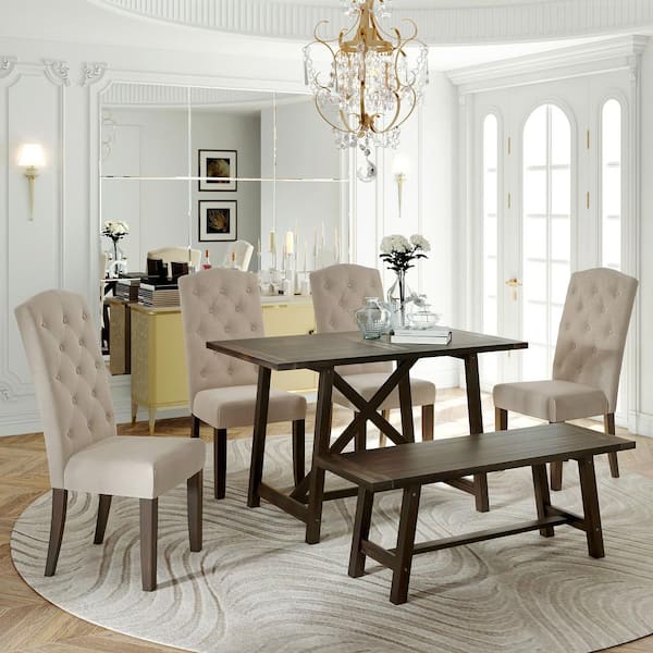 Wood Top Beige Dining Table Set, Round Dining Room Table With Tufted Chairs