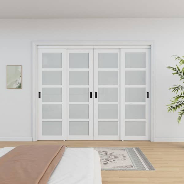 96 in. x 80 in. 5-Lite Frosted Glass Primed White MDF Interior Closet Sliding Door Black Handles and Hardware