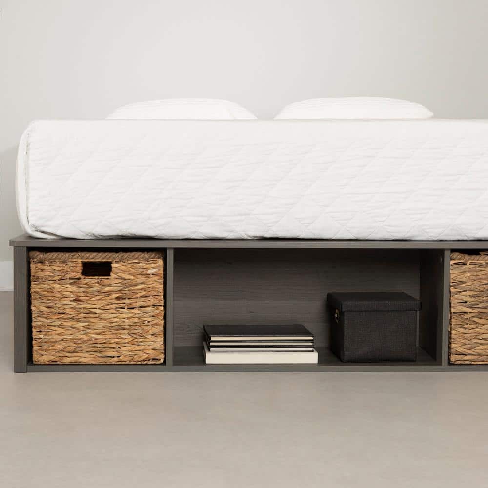 Gray Maple Full Storage Bed with Wicker Baskets