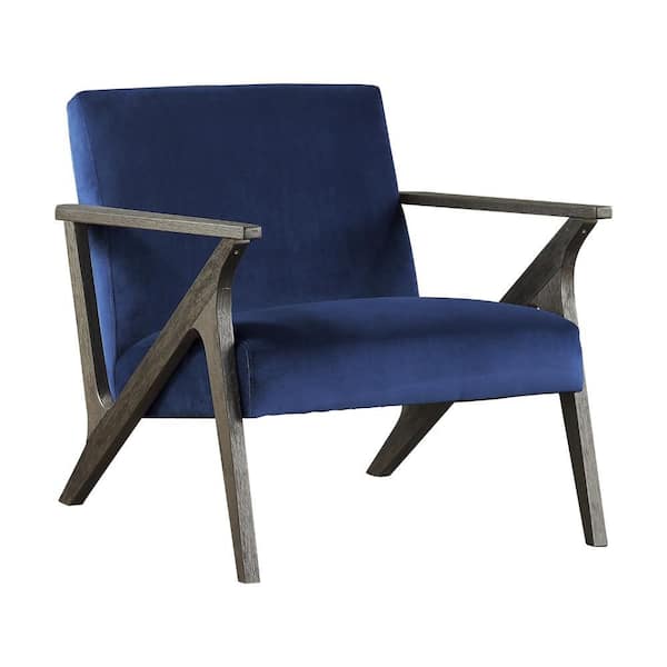 Benjara Gray and Blue Velvet Arm Chair with Cushioned Seat