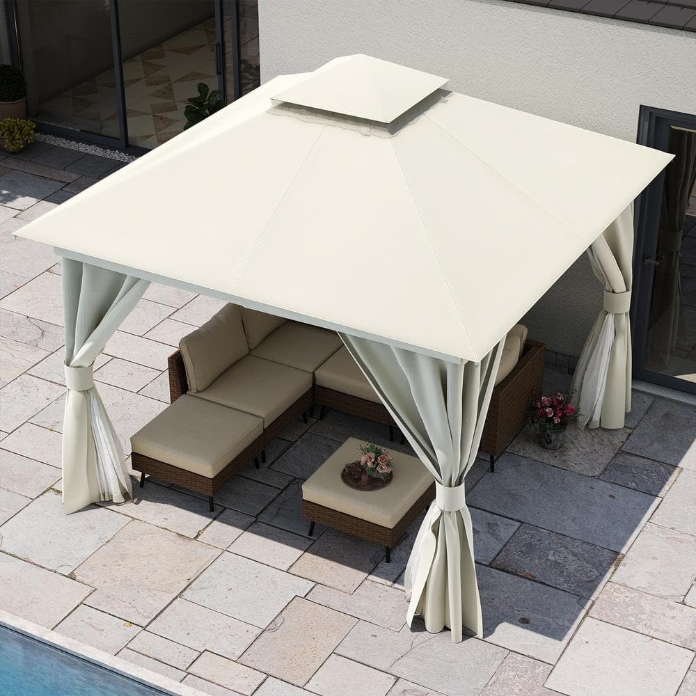 Creamy White Steel Patio Gazebo with Mosquito Netting and Curtains