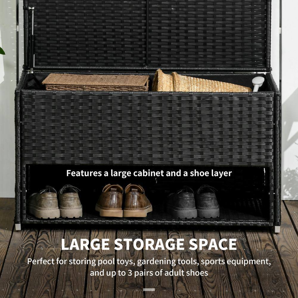 Black PE Wicker Outdoor Deck Box with Shelf