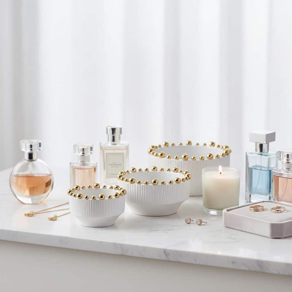 White Round Ceramic 7 in. 8 in. and 10 in. Gold Dot Decorative Bowls (Set of 3)