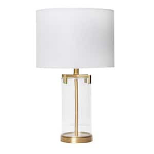 27 in. Modern Transparent Glass and Metal Table Lamp with Linen Shade in Gold
